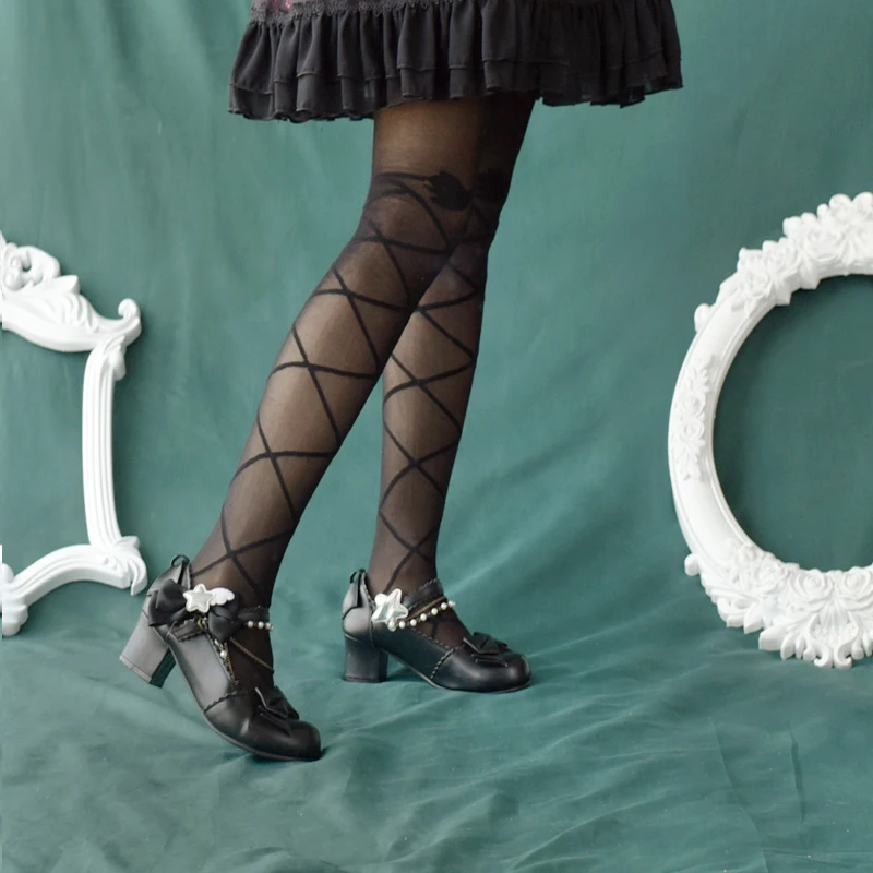 Japanese Lolita Ballet Cross Strap Bow Pantyhose Lolita Sweet Leggings White Stockings Thin student gothic lolita knee socks