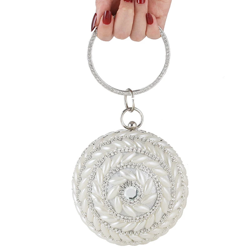 Round Ball Shape Big Pearl Women Wedding Clutch Luxury Diamond Lady Silver Evening Clutches Shoulder Purse Crossboday Handbags
