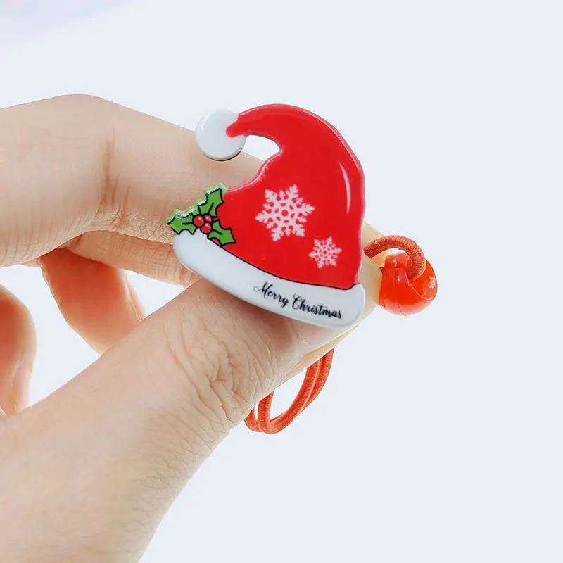 10PCS   Girls Children Christmas Elastic Hair Bands Cute Acrylic Snowman Santa  Kids Stretch Hair Ties Lovely Rope Band