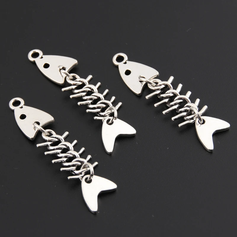 10pcs Silver Color 46x11mm 3D Fishbone Charms Fish Pendant Fit DIY Handmade Metal Punk Jewelry Making Finding Supplies