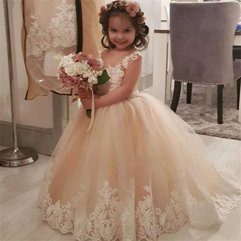 Champagne Flower Girl Dresses Custom Made Hot Gadis Kontes Gaun Tanpa Lengan dan Renda Appliques Tulle Gaun Pesta