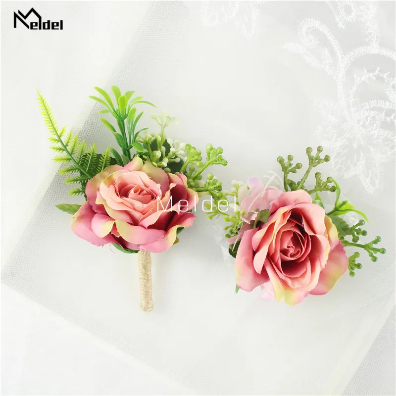 Buatan Rose Bunga Groom Boutonniere Pria Korsase Kancing Bridasmaids Gelang Bunga Pernikahan Pria Jas Pesta Dekorasi