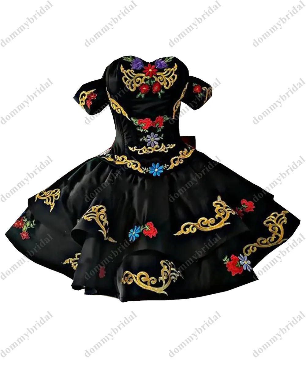 2023 Sexy Black Gold Red Flowers Embroidered Patterned Short Ball Gown Quinceanera Party Dresses Cocktail Prom Dress Mexican XV