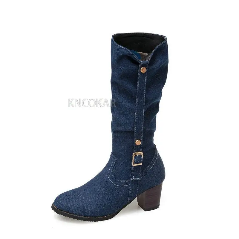 Cowboy boots women thick-heeled high-heeled cowboy boots with belt buckle was thinner long-tube women\'s boots autumn and winter