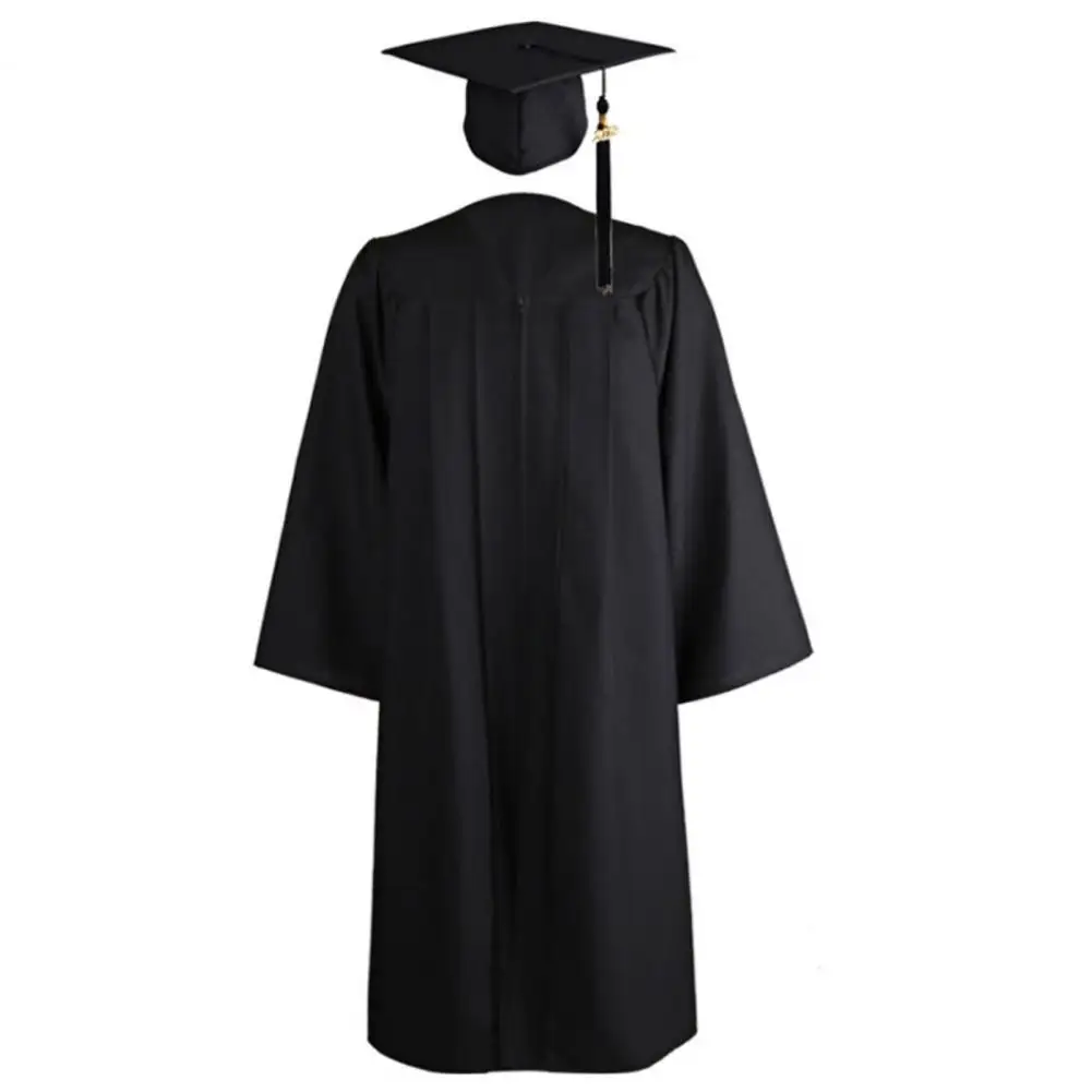 Adult Graduation Gown Solid Color Zipper Closure Unisex Plus size V Neck Pleated Robe Hat Set University Academic Dress