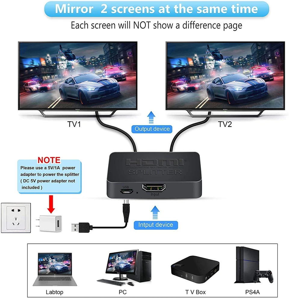 2023 Best 4K HDMI Splitter 1x2 HDMI 2.0 Splitter 1 in 2 out HDMI Amplifier Switch HDR HDMI2.0 Splitter for PS4 Apple TV XBox PS5