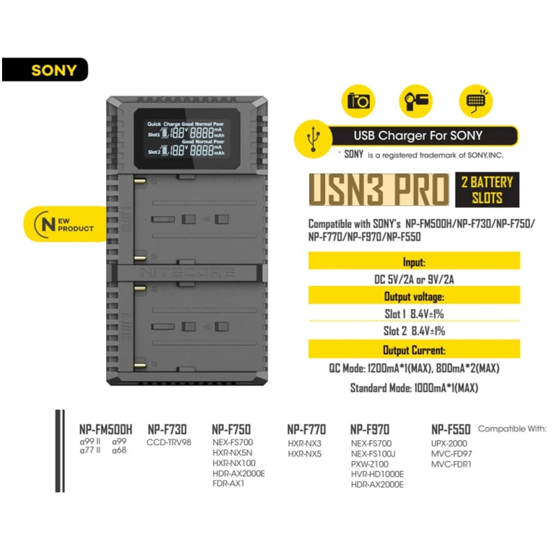 Nitecore USN3 Pro Dual Slot USB QC Charger for Sony NP-FM500H NP-F550 NP-F970 NP-F770 NP-F730 NP-F750 F550 F970 Camera Battery