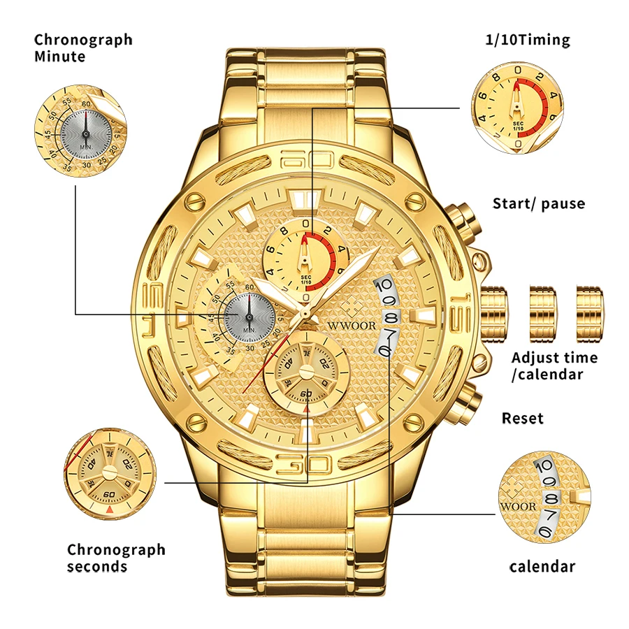 WWOOR Mens Watches 최고 브랜드 패션 럭셔리 골드 스테인레스 스틸 쿼츠 시계 남성 방수 스포츠 크로노 그래프 Relogio Masculino