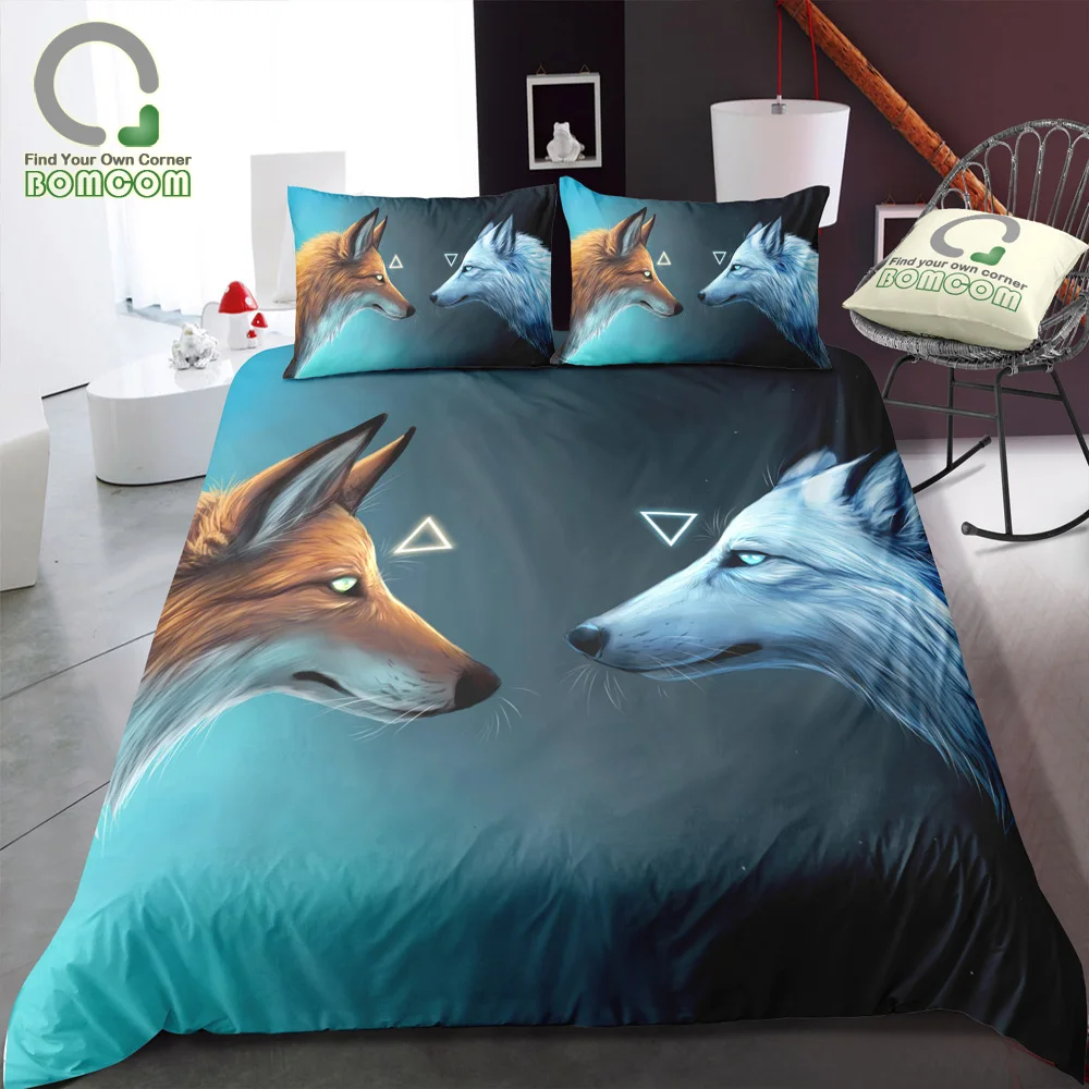 BOMCOM 3D Digital Printing Bedding Set Yellow Fox White Wolf Shiny Eyes Blue Background Duvet Cover Sets 100% Microfibe