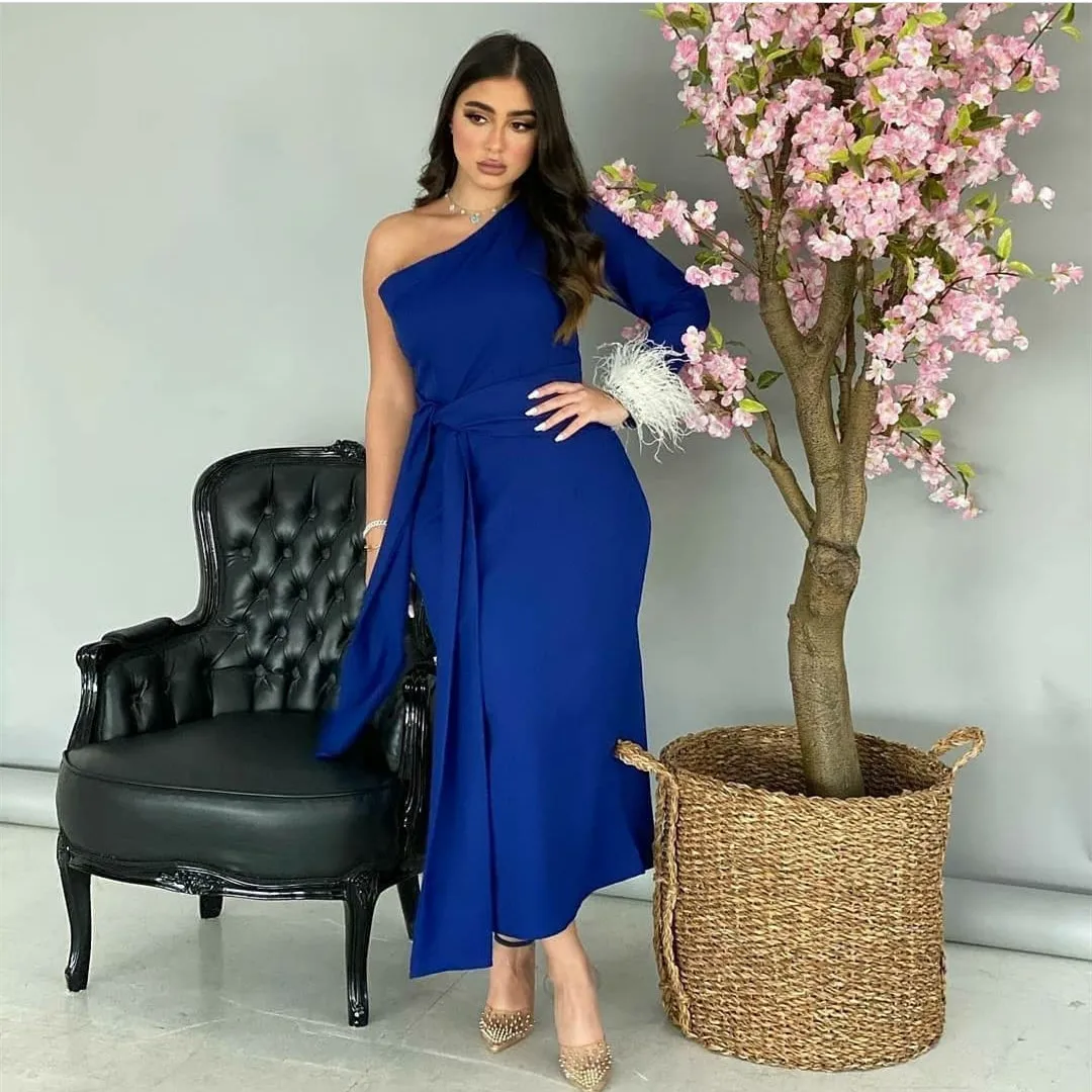 

Long Elegant Evening Dresses for Women Arabic Dubai One Shoulder Ankle Length With Belt Party Gala Special Events Prom Gown 2023