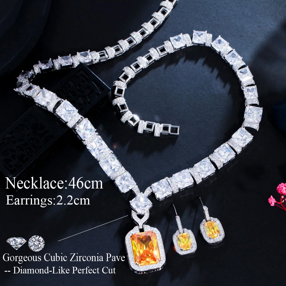 CWWZircons Expensive Nice Big Dangle Drop Square Yellow Cubic Zircon Luxury Bridal Party Wedding Jewelry Sets for Women T589