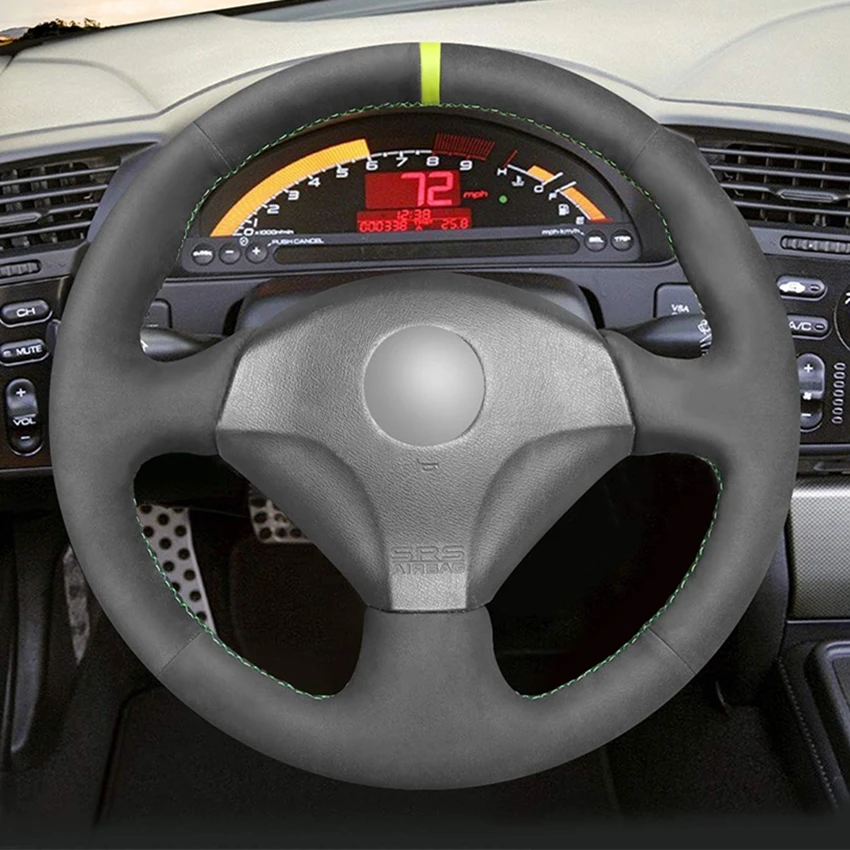 Hand Sew Green Marker Black Suede Steering Wheel Cover for Honda S2000 2000-2008 Civic Si 2002-2004 Acura RSX