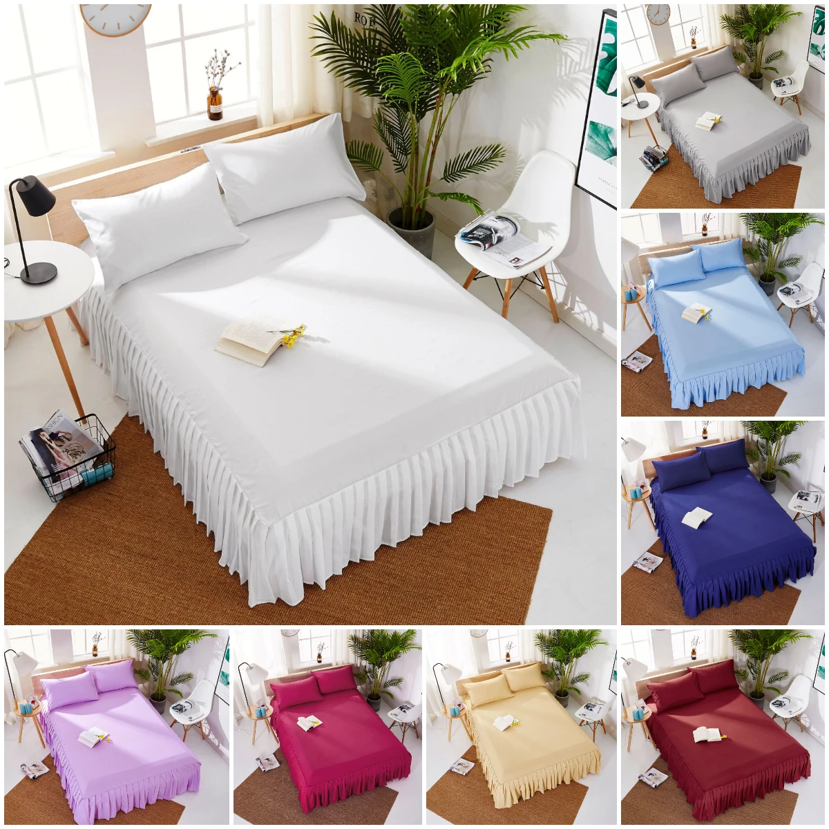 

European Pure Color Bedspreads Bedskirt Bed Sheet Combined Bed Covers Super Soft Colchas Queen King Size Corchas Para La Cama