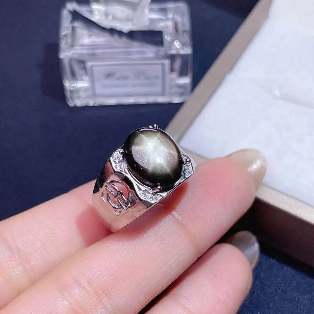big size masculine ring black Star Sapphire gemstone ring for men 925 sterling silver men birthday gift souvenir love man gift
