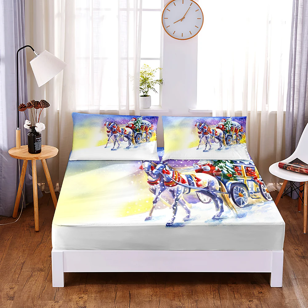 

Fine Horse Digital Printed 3pc Polyester Fitted Sheet Mattress Cover Four Corners with Elastic Band Bed Sheet Pillowcases