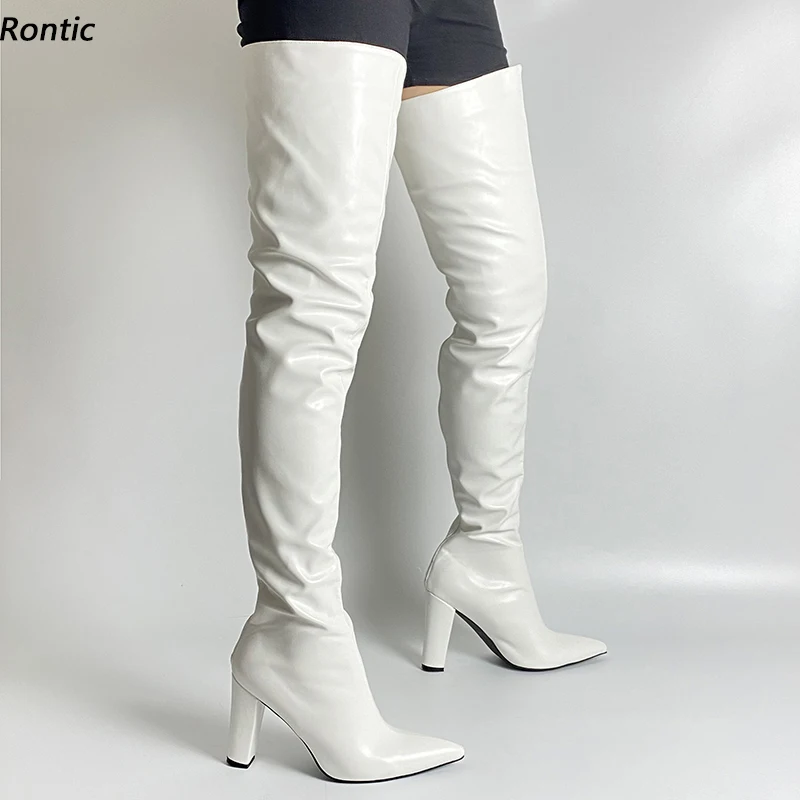 

Rontic 2021 Women Winter Thigh Boots Unisex Faux Leather Chunky Heels Pointed Toe Elegant White Black Dress Shoes US Size 5-15