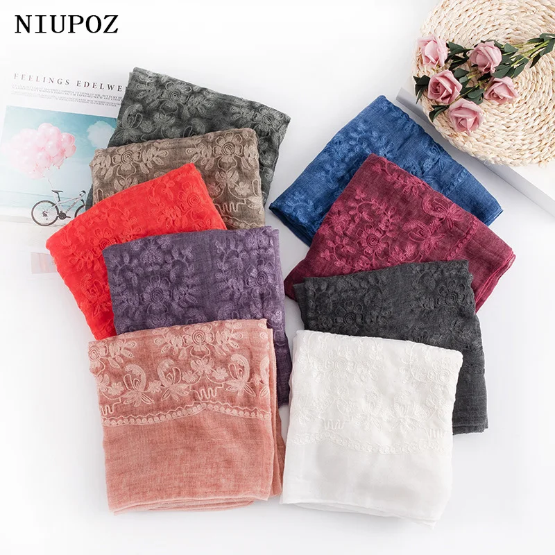 New Design Ethnic Embroidered Style Cotton Lace Scarf Shawls for Women Winter Muslim Hijab Bandana Pashmina