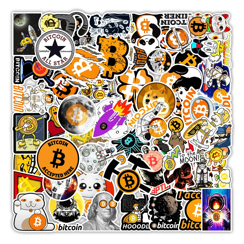 50pcs/set Cartoon Bitcoin Encrypted Virtual Currency BTC Stickers For Helmet Kid Diy Laptop Mixed Skateboard Luggage Case