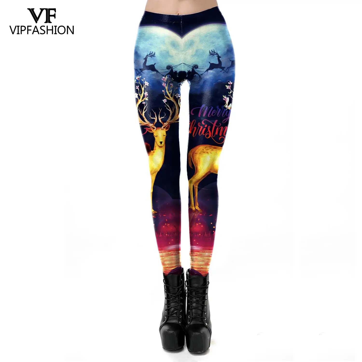 VIP FASHION Women Xmas Festival Leggings pant High Waist Autumn Winter Merry Christmas Hat Printed Leggins Sports Trousers