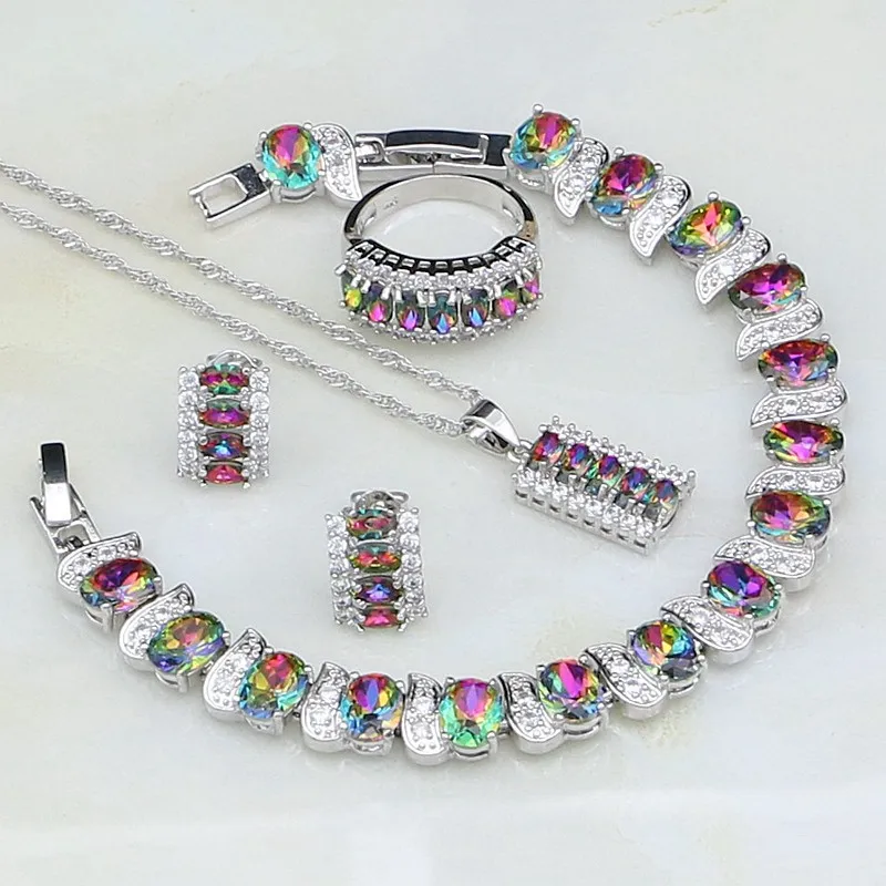 

Набор женских украшений из серебра 925 пробы, с радужным мистическим кубическим цирконием, свадебные серьги-гвоздики, ожерелье, браслет, кулон, кольцо