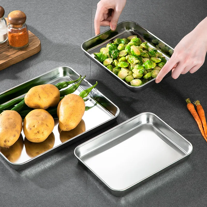 Rectangle Thicken Stainless Steel Food Storage Tray Steamed Sausage  Plates Fruit Baking Pastry Pans Kitchen Bread Loaf Dishes