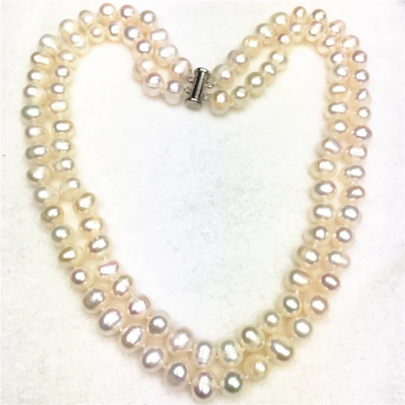 

Charming 2 rows 8-9mm white akoya saltwater round natural pearl beads diy beautiful necklace 17-18 inch AAA BV340