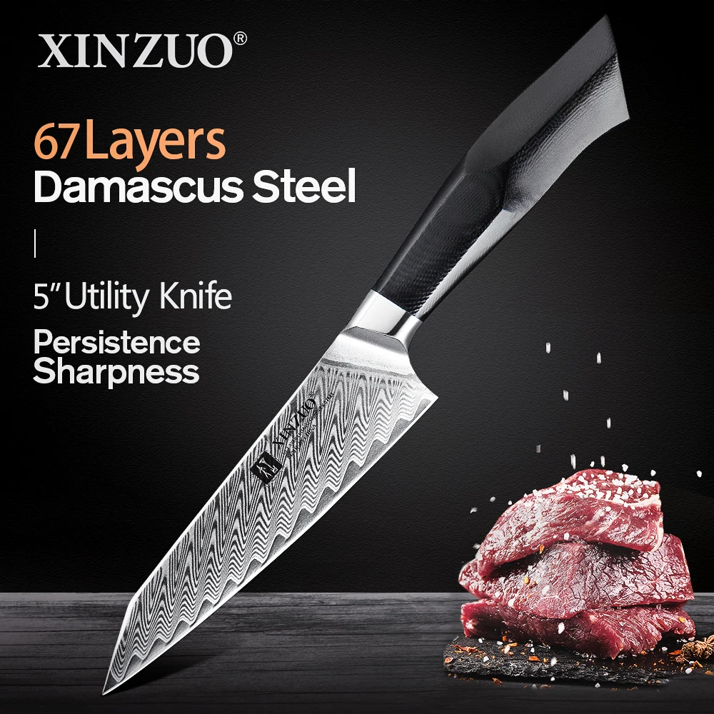 XINZUO 5'' Inch Utility Knife Damascus Steel Blade G10 Handle Kitchen Knife Stainlesss Steel Salad Peeling Knives Razor Sharp