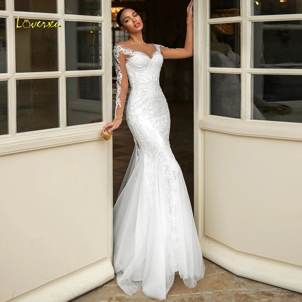 Loverxu abiti da sposa a sirena 2024 o-collo manica lunga abiti da sposa Appliques di pizzo in rilievo treno staccabile Vestido De Novia