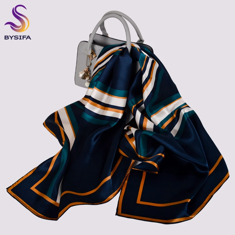 BYSIFA|New Striped Dark Green Pure Silk Large Square Scarves Shawls Elegant Ladies 100% Silk Scarf Hijab Spring Fall Scarves