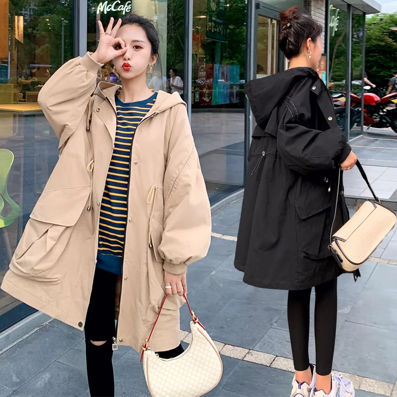 

Women's trench coat Spring Autumn Loose Windbreaker Waist Slim Casual Tooling Hooded Long Outerwear female Drawstring coats