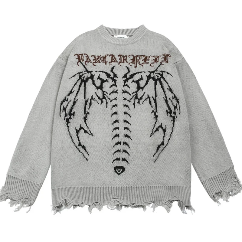 

High Street Knitted Sweater Men Graffiti Skull Jacquard Hole Tassel Pullover Cotton Vintage Oversize Knitwear Unisex Fall Winter