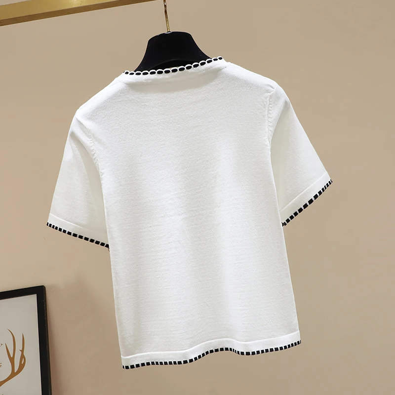 2022 summer o-neck knit white short-sleeved t-shirt women\'s thin button loose Oversized  sweater pullover inner bottoming shirt