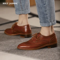 2021 New Spring/Autumn Women Shoes Oxford for Woman Genuine Leather Flats Brogues Vintage Lace Up Casual Brown Shoes for Girls