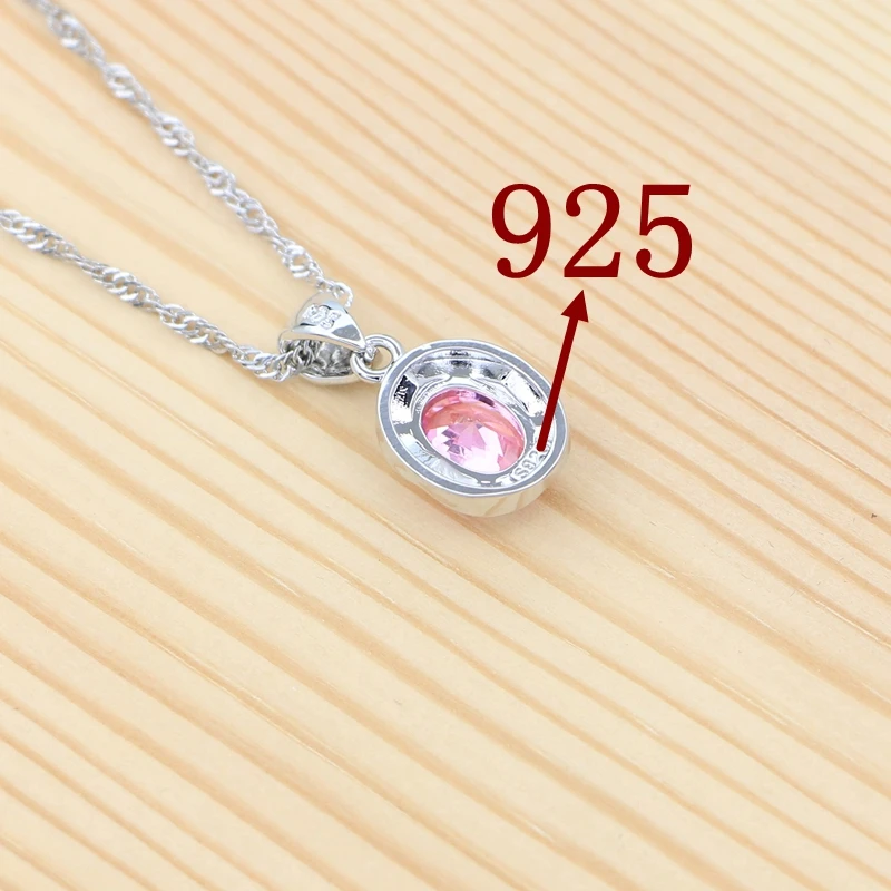 925 Sterling Silver Jewelry Set Pink Cubic Zirconia Egg-shaped Ring Earrings Pendant Chain Bracelet Sweet Jewelry for Women