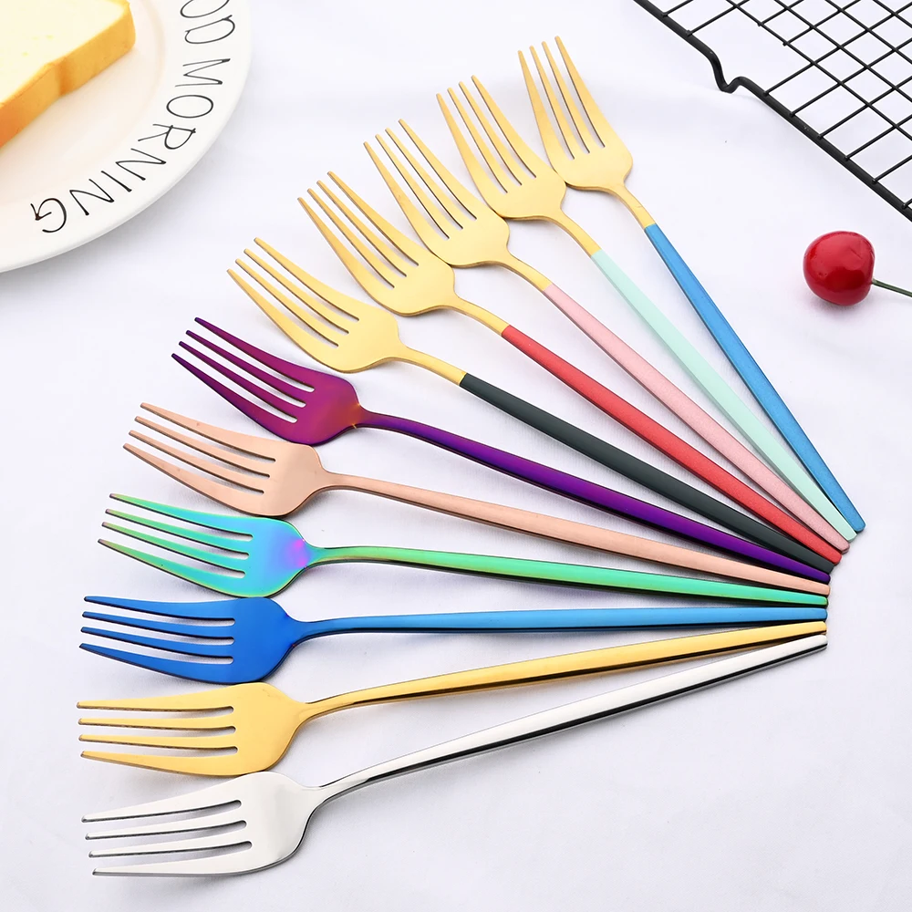 Juego de cubiertos coloridos de 6 uds., tenedor de cena de acero inoxidable, tenedor para postre, pastel, tenedor para ensalada de frutas, vajilla, juego de cubiertos de cocina