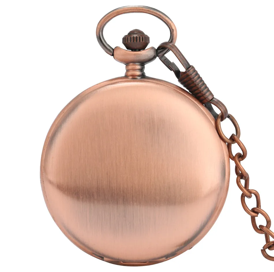 Vintage Red Copper Pocket Watch Double Smooth Hunters Arabic Numerals Display Punk Pocket Chain Pendant Clock Quartz Movement