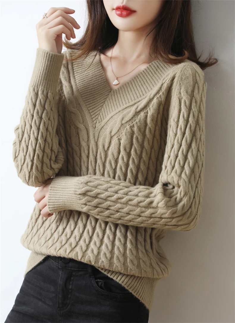 Cashmere sweater women V-Neck sweater pure color knitted turtleneck pullover  loose large size sweater women