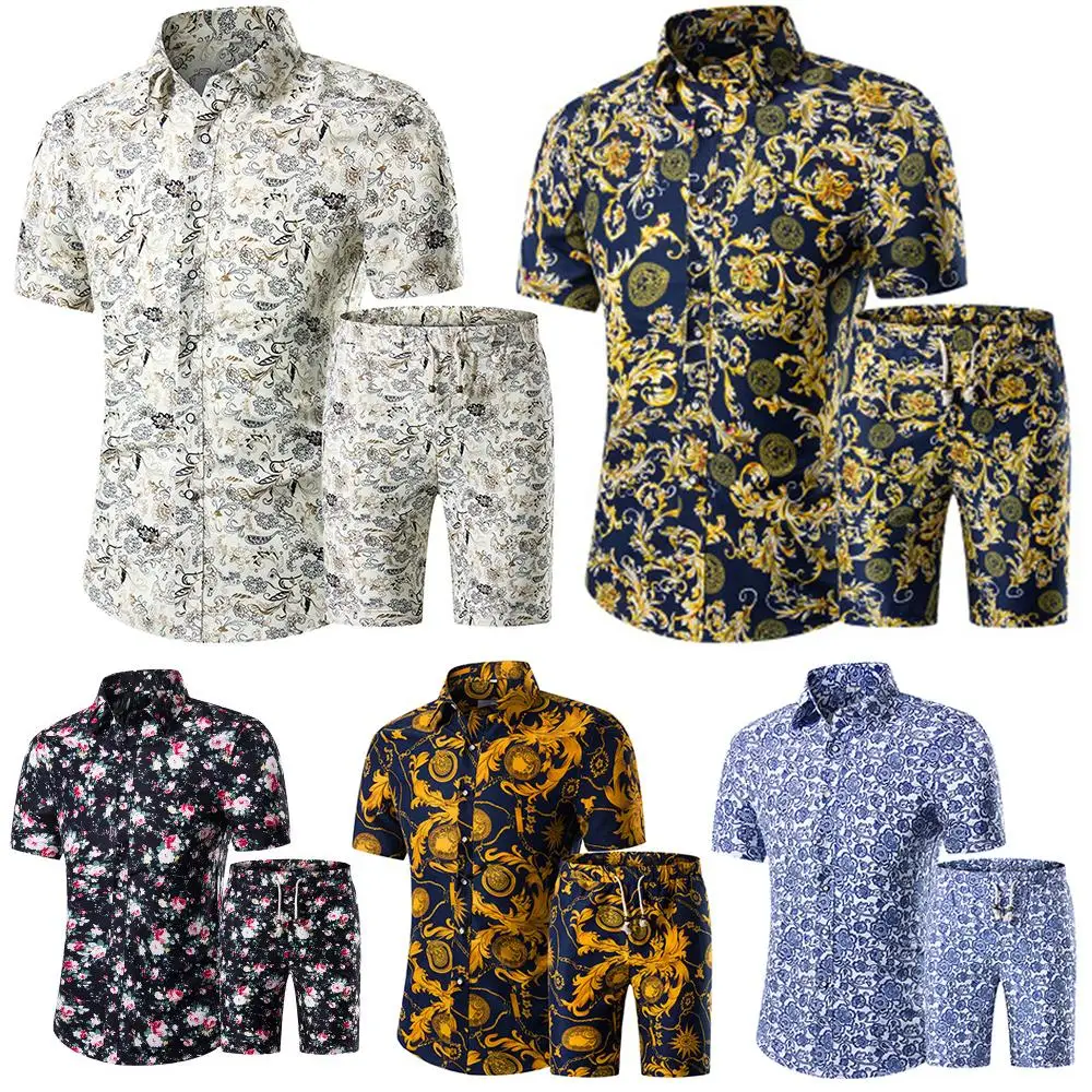 

Mens Clothing Floral Shirt Set 2 Piece Tracksuit Male Casual Beach Wear Pattern Ouftits Fashion Men Clothing Summer Cardigan