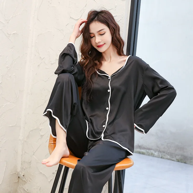 Women Solid Sleepwear Pajamas Soft Shirt&Pants Faux Silk 2PCS PJS Set Lounge Wear Pyjamas Lingerie 2021 New Home Wear Pijamas