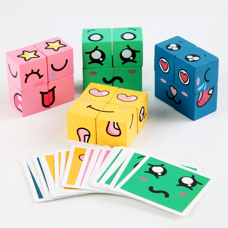 Children Girls Learning Education Toys Expression Puzzle Building Blocks Magic Face Changing Wooden Montessori Gifts for Kids