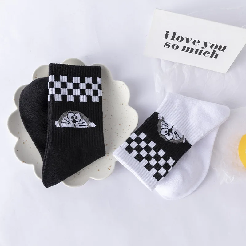 Dorayaki Super Power Dorae Cat From The Future Crew Socks Black and White Check Plaid Flag Daily Japanese Cartoon Anime Peekaboo