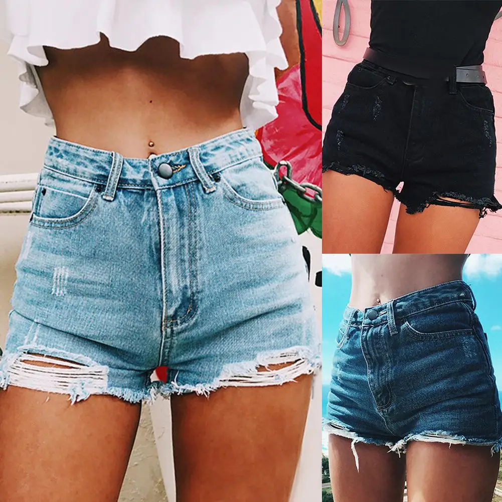 Loch Denim Shorts Für Frauen Sommer Ripped Ausgefranste Zipper Hohe Taille Jeans Mädchen Hot Denim Shorts Taschen