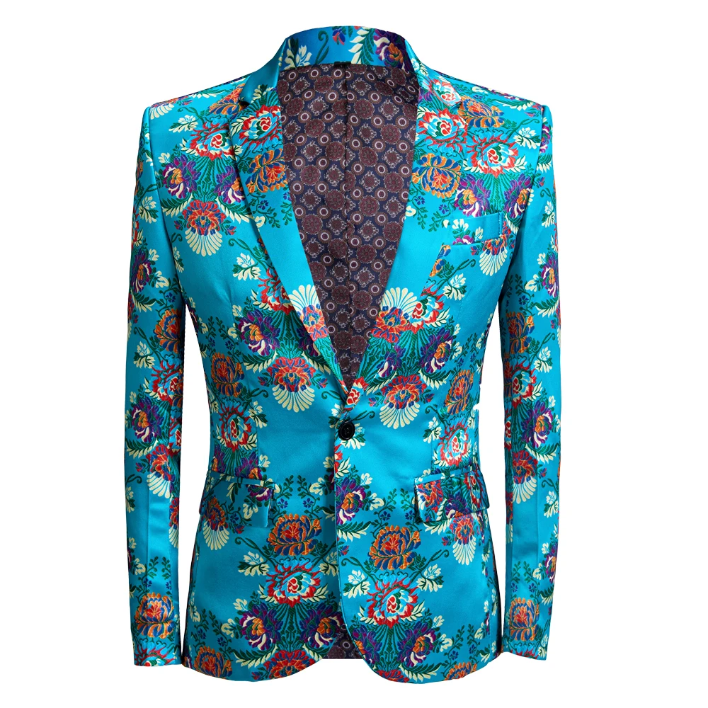 New Mens Print Blue Flower Pattern Design Slim Fit Suits for Men Business Formal Blazer Mens Wedding Suit Jackets