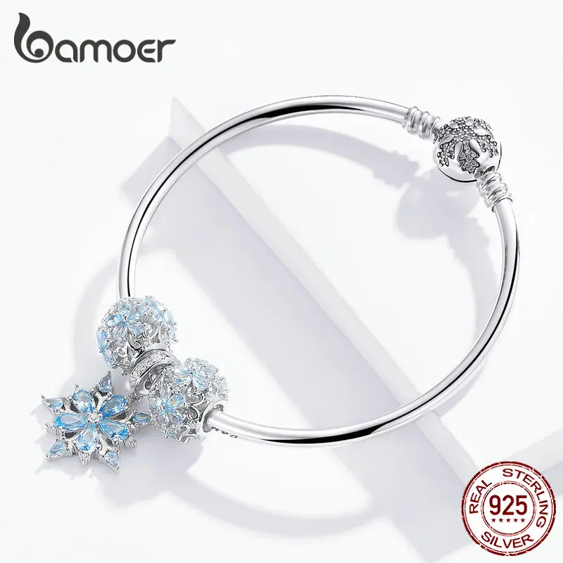 bamoer Genuine 925 Sterling Silver Winter Snowflake Princess Bangle for Women Charm Bracelet Luxury European Bijoux SCB833