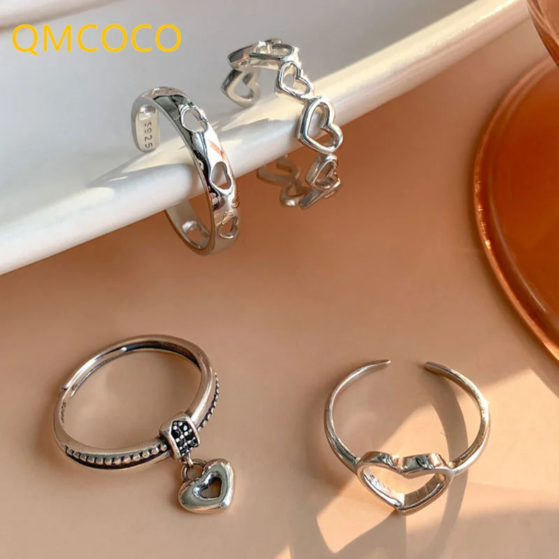 QMCOCO Open Adjustable Silver Color Rings For Women Trendy Elegant Vintage Couples Simple Hollow Out Heart-Shape Party Jewelry