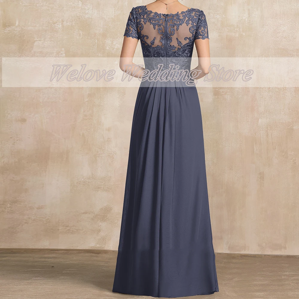 Chiffon Formal Mother Of The Bride Dress Short Sleeve Floor Length A Line V Neck Applique Draped Wedding Party Gown For Mom