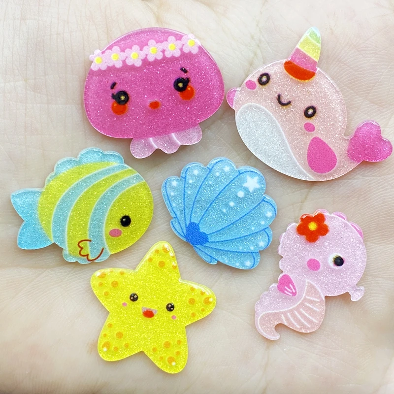 30Pcs Acrylic Kawaii Mini Ocean Series Flatback Cabochon Scrapbook Hair Bows Clips DIY Embellishments Accessories D63
