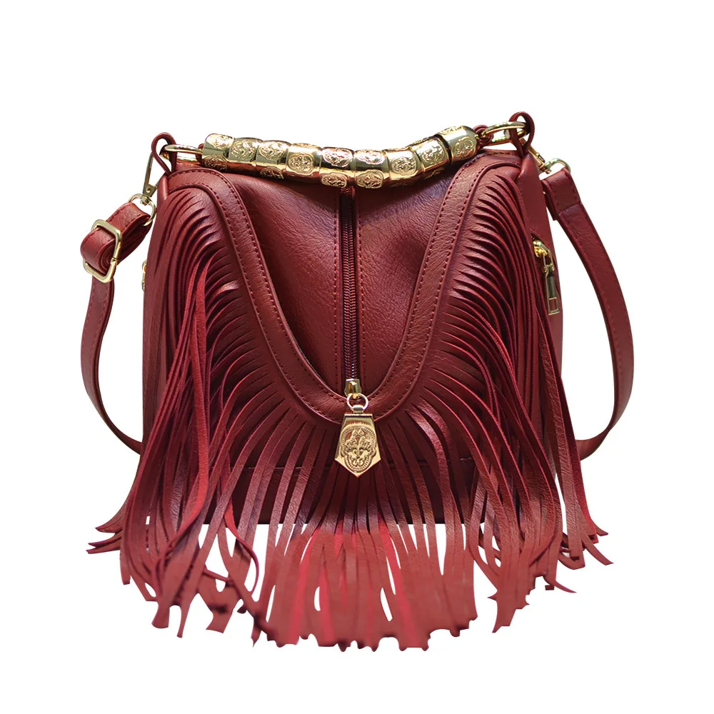 Women\'s PU Bags European and American Trendy Bucket Fringe Handbags Shoulder Messenger Bags