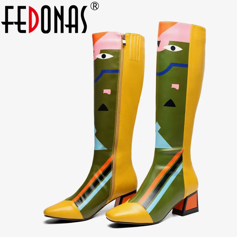 FEDONAS New Women Knee High Boots Sexy Prints Party Dancing Shoes Woman High Heels Long Warm High Boots Ladies Fashion Shoes