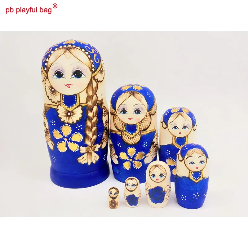 PB Playful bag Seven layer blue braided girl Russian Dolls Wooden children's toy set Crafts lovers birthday gift HG32